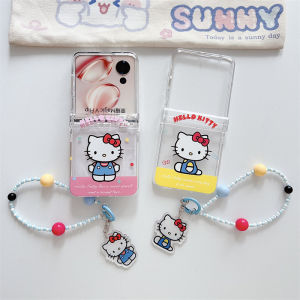 Sanrio | Cute Cartoon Sanrio Hello Kitty Clear Paiting Case for Samsung Galaxy Z Flip 8 7 6 5 Shockproof Cover with Lanyard+ KT Pendant