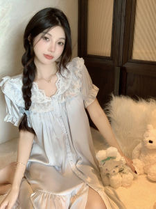 Summer Ice Silk Sleep Dress Womens Short Sleeve French Lace Home Clothes Sweet Style V-neck Mid-length Skirt Pure Color