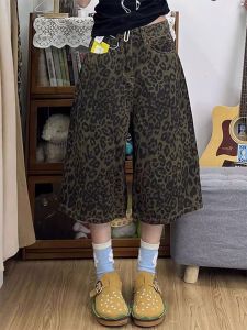 กางเกงขาสั้นยีนส์ลายเสือดาวไซส์ใหญ่สไตล์อเมริกันสำหรับผู้หญิงในช่วงฤดูร้อน กางเกงขายาวทรงตรงเอวสูง ทรงหลวม ทรงสลิมฟิต กางเกงขายาวทรงตรง