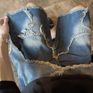 Retro American Star Embroidery Frayed Hem Denim Shorts Men Trendy Brand Ins High Street Cool Hip Hop Five-Point Pants