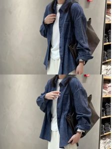 เสื้อเชิ้ตผู้หญิงแขนยาวทรงหลวมผ้าฝ้ายลินินสีน้ำเงินลายสก็อตระดับไฮเอนด์ ฤดูใบไม้ร่วง ใหม่ ขนแกะสแปนิช แฟชั่นสตรี