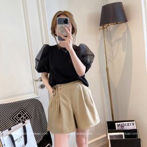 Summer New Arrival French Chic Tops Short Sleeve Womens Clothing K-style Fashion Mesh Patchwork Puff Sleeves T-Shirt Women