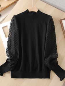 เสื้อถักคอปกสั้นแขนยาวผ้าตาข่ายสำหรับผู้หญิงในฤดูใบไม้ร่วง เสื้อชั้นในสุดสง่างาม ทรงหลวม สไตล์เกาหลี ปกโปโล คอตั้ง แขนยาว
