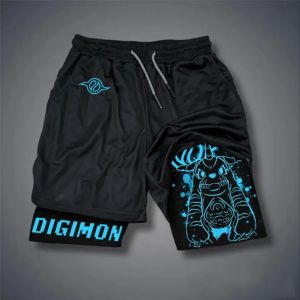Bandai | Digimon Mens Double Shorts SkullGreymon Japanese Anime Fake Two-Piece Summer 2-in-1 Fitness Sports Shorts Quick-Drying Pants