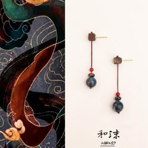 Handmade Wooden Geometric Earrings New Chinese Style Womens Fashion Jewelry Retro Small Audience Wooden Ear Decorations