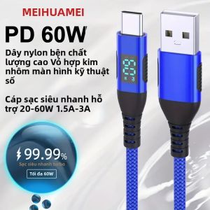 1 Cáp Sạc Nhanh USB Loại C 60W Với Màn Hình Hiển Thị Kỹ Thuật Số Truyền Dữ Liệu Tốc Độ Cao Bền Viền Cáp Dành Cho Xiaomi Huawei