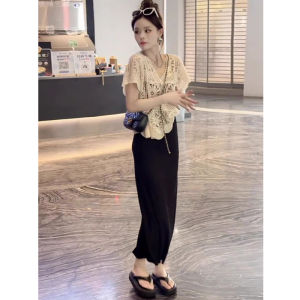 Fashionable Youthful Aging Reduction Suit for Women Summer Lace Hollow Knit Shirt and Half Skirt Trendy Two-Piece Set