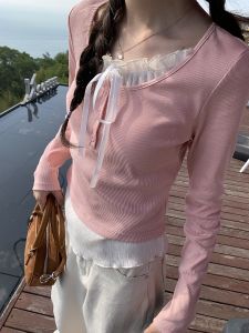 Xinhelp Homemade Sweet Fake Two-Piece Tops Flounce Trim Lace up Long Sleeves T-shirt Female Fresh Easiest for Match Inner Bottoming Shirt