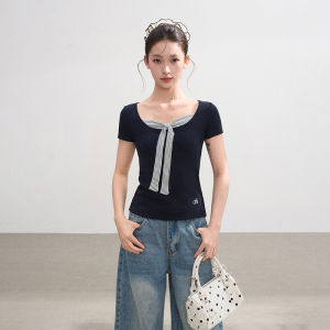BAIDAIFEI | Navy Stripe Mandarin Collar False Two Pieces Short Sleeve T-Shirt