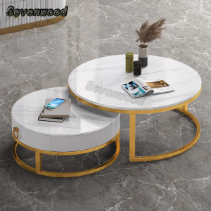 Sevenwood circle combined coffee table for living room simple modern sintered stone tea table with drawer Meja Kopi Ruang Tamu