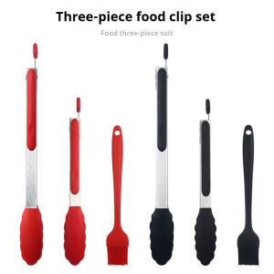 3-Pc Silicone BBQ Food Tongs Set – Grill Bake Fry Flip & Serve 9" & 12" Non-Slip Grip Dishwasher Safe Includes Brush