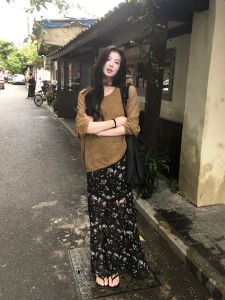 VKSOD | Áo thun dài tay khoét rỗng cổ điển cho nữ mùa hè 2025 Áo thun dài tay thoáng khí váy midi họa tiết hoa hai mảnh