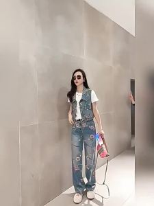 LIANGYILAILIN | Fashionable Summer Womens Two-Piece Outfit with Denim Vest and Wide Leg Pants