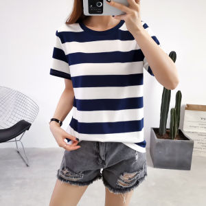 Striped Loose Fit Cotton T-Shirt Short Sleeve mid Sleeve Summer Top Womens Fashion Korean Style round Neck Print Element
