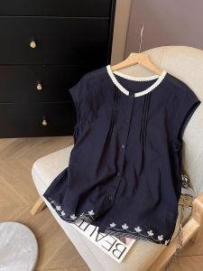 YUFUQING | Casual Elegant Short Sleeve Pleated Shirt Womens Summer Anti-Aging Sleeveless Doll Shirt Loose Fit Round Neck Polyester Fiber