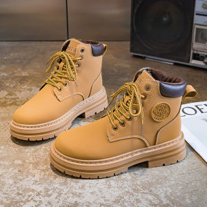 Large Size Yellow Martin Boots Womens Shoes New Trend Spring Fleece Lined Bee Kickable Short Boots Cross Buckle Waterproof