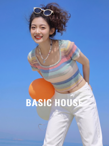 Basic House | Color-block Short Sleeve V-neck Knit Top
