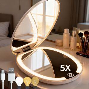 กระจกแต่งหน้าแบบพกพาพร้อมไฟ กระจกแต่งหน้าแบบพกพาพร้อมไฟ LED กระจกขยาย 6 เท่า กระจกสองด้านแบบมีไฟขนาดเล็ก