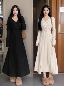 Váy Dài Tay Mùa Thu Dáng Chữ a Cỡ Lớn Cho Nữ Váy Dài Che Mông Thon Gọn Thanh Lịch Váy Công Sở Màu Trơn Dài Đến Giữa Bắp Chân