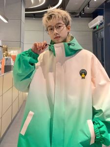 หลวม ผู้ชาย เสื้อแจ็คเก็ต การไล่ระดับสี ผ้าขนแกะ เรียงราย ฤดูใบไม้ผลิ ฤดูใบไม้ร่วง พลัสไซส์ สตรีทสไตล์ มีฮู้ด ซิป เสื้อแจ๊กเก็ตปิด