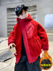 เสื้อแจ็คเก็ตผ้าขนแกะหนาสำหรับเด็กชาย ฤดูใบไม้ร่วง/ฤดูหนาว สีแดง เสื้อคลุมกันหนาวแบบมีฮู้ด ปกติ ปกติ ปกติ