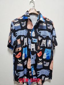 View Vi Shop น้องแมวสีดำ เสื้อเชิ้ตวินเทจ ผ้าไหมอิตาลีใส่สบายไม่ต้องรีด เสื้อเชิ้ตแขนสั้น