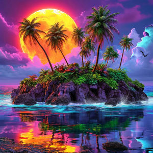 Huacan Full Square Round Diamond Painting Neon Tropical Island Diamond Mosaic Landscape Complete Kit Rhinestone Pictures