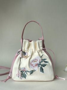 New Chinese Style Embroidered Cotton Linen Crossbody Bag with Drawstring Soft Handle Womens Handbag Retro Artistic Bucket Bag