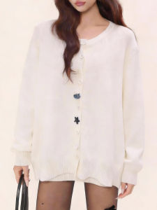 QINGNAER | Lazy Style Round Collar Knit Cardigan White Loose Versatile Button Sweater Coat