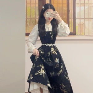 ชุดเดรสยาวผู้หญิงสไตล์จีนย้อนยุค ดีไซน์เก๋ไก๋ เสื้อผ้าทำงานฤดูใบไม้ร่วง แขนยาว เอวเข้ารูป กระโปรงทรงเอ แฟชั่นสตรี