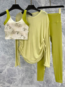 High-End Womens Yoga Fitness Set Three-Piece Long Sleeve Printed Sports Bra And Pants Shock Absorption Quick Dry Slimming