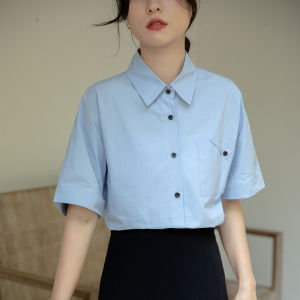 French Style Retro Short Sleeve Pure Cotton Blue Shirt Womens Summer Loose Slim Fit Shirt Work Clothing Business Clothing Interview Tops
