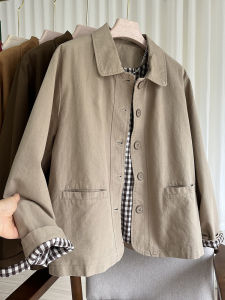 Spring 2025 Womens Korean Style Short Cotton Jacket Pure Cotton Material Turn-down Collar Top Outerwear Comfortable Loose Fit