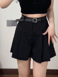 กระโปรงสั้นทรงเอเอวสูง กระโปรงทรงเอสำหรับผู้หญิงไซส์ใหญ่ ฤดูร้อน 2025 กระโปรงสั้นทรงเอแบบพับ สไตล์ลำลอง สีพื้น