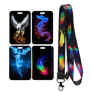 Feather Phoenix Eagle Badge Holder Lanyard Key Chain ID Card Holders Business Card Protector Black Neck Strap