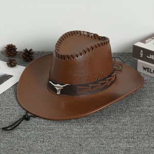 New Vintage Fashion Cow Head Decorated Western Cowboy Hat Faux Leather Panama Style Bucket Jazz Cap for Men