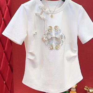 Summer Pure Cotton Short Sleeve T-Shirt Womens Loose Style Pleated Chinese Button up Top Fashionable Slimming Upper Body