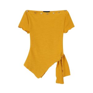 YUEZHONGWEI | French Style Irregular Yellow One Shoulder Short Sleeve T-Shirt Women Summer Design Sensation Waist Cinch Banded Top