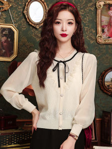 Autumn 2025 New Style Womens Knitted Shells Beautiful Lace Trimmed Chiffon Patchwork Outerwear Gentle Sweet Small Shirt