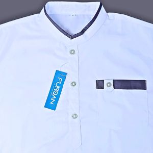 Baju Koko Kurta Pria Furqan Putih Lengan Pendek Variasi List Katun Toyobo |Pakaian Pria Muslim Katun