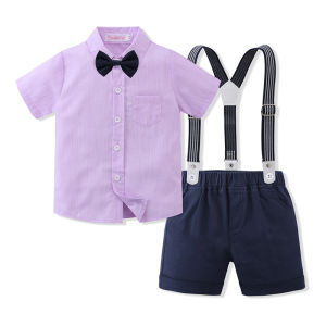 New Born Baby Boy Suit Set Formal Boy Wedding Suit Set Purple Short Sleeve Boy Shirt And Pants Cotton Boy Romper Set Baby Jumpsuit Boy  Pants Boy Photoshoot Costume Set Birthday Party Age 0 1 2 3 4