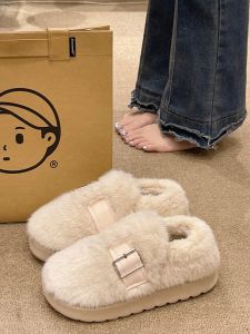 Womens Cotton Slippers 2025 New Style Fleece Lined Thick Heel Home Wear Winter Warm Anti Slip Korean Style Slip on Shoes