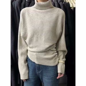 BINKAFENNY | Womens High Collar Knitted Sweater Button Detail Waist Cinching Side Gathered Design Autumn Winter Top Korean Style Slim Fit