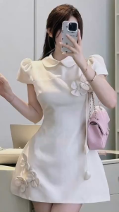 Váy dáng ngắn ôm eo thiết kế cổ bẻ đính hoa sang chảnh thanh lịch NEWFASHION99