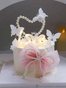 Valentines Day Luminous Pearl Cake Decoration Plugin Romantic Pink Bow Tie Confession Costume Decoration Glowing Love Heart