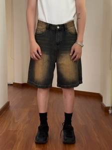 💖HOT💖กางเกงยีนส์ขาสั้น ผู้ชาย สไตล์อเมริกัน ขากว้าง ทรงหลวม ย้อนยุค สไตล์เกาหลี แมตช์ง่าย