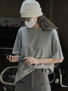 Gray Short Sleeve Cotton T-Shirt Womens Summer Loose Slimming Casual Shoulder Pure Color Top Korean Style Commute Fashion