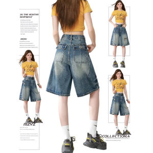 MZVZ | Retro High-Waist Workwear Loose Ripped Denim 5-inch Short