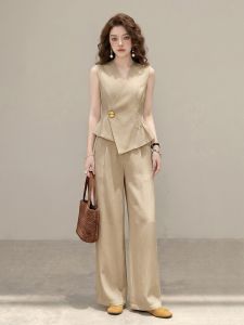 High-End Stylish Professional Outfit Set Tan Vest Wide Leg Trousers