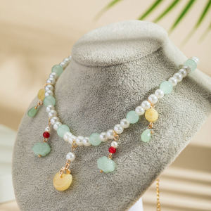 Traditional Chinese Hanfu Jewelry Set Pearl Necklace Bracelet Earrings Womens Vintage Style Soft Yinsuo round Bead Chain